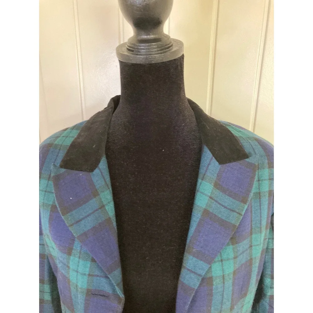 Stephanie Andrews Black Watch Plaid Longline Blazer Coat Velvet Collar 6 Petite